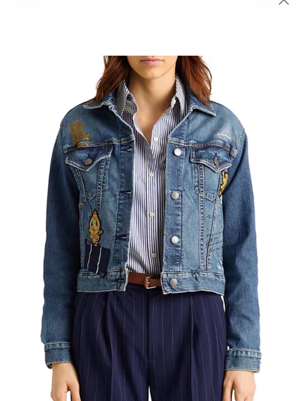 Lauren Ralph Lauren Crest Patch Distressed Denim Jacket XXS